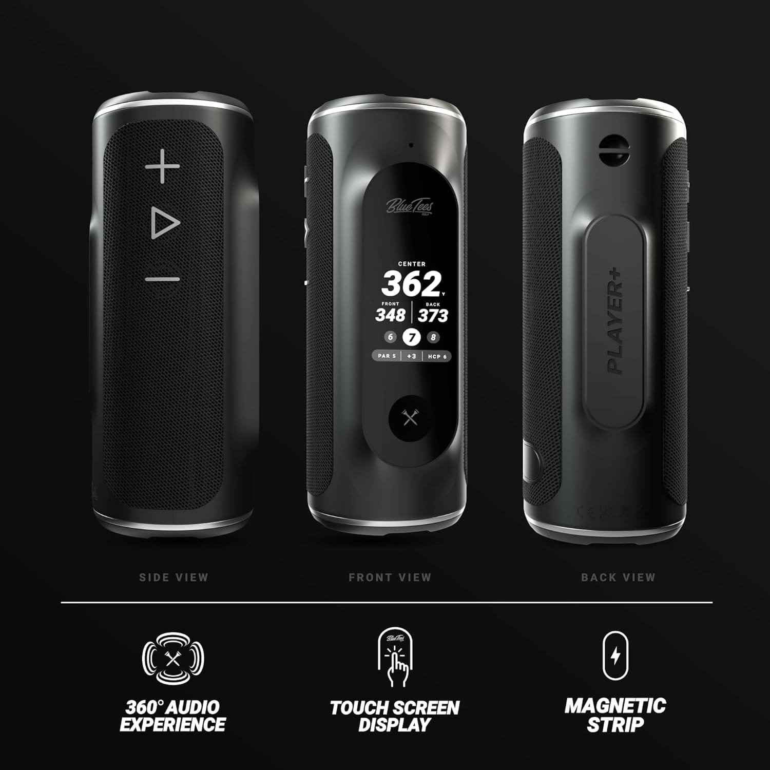 Blue Tees Golf Player+ GPS Speaker with Touch Screen Display, 10+ Hours Battery, 40,000+ Courses, Visual + Audible Distance, Hazard Distance - IPX7 Waterproof (Navy)