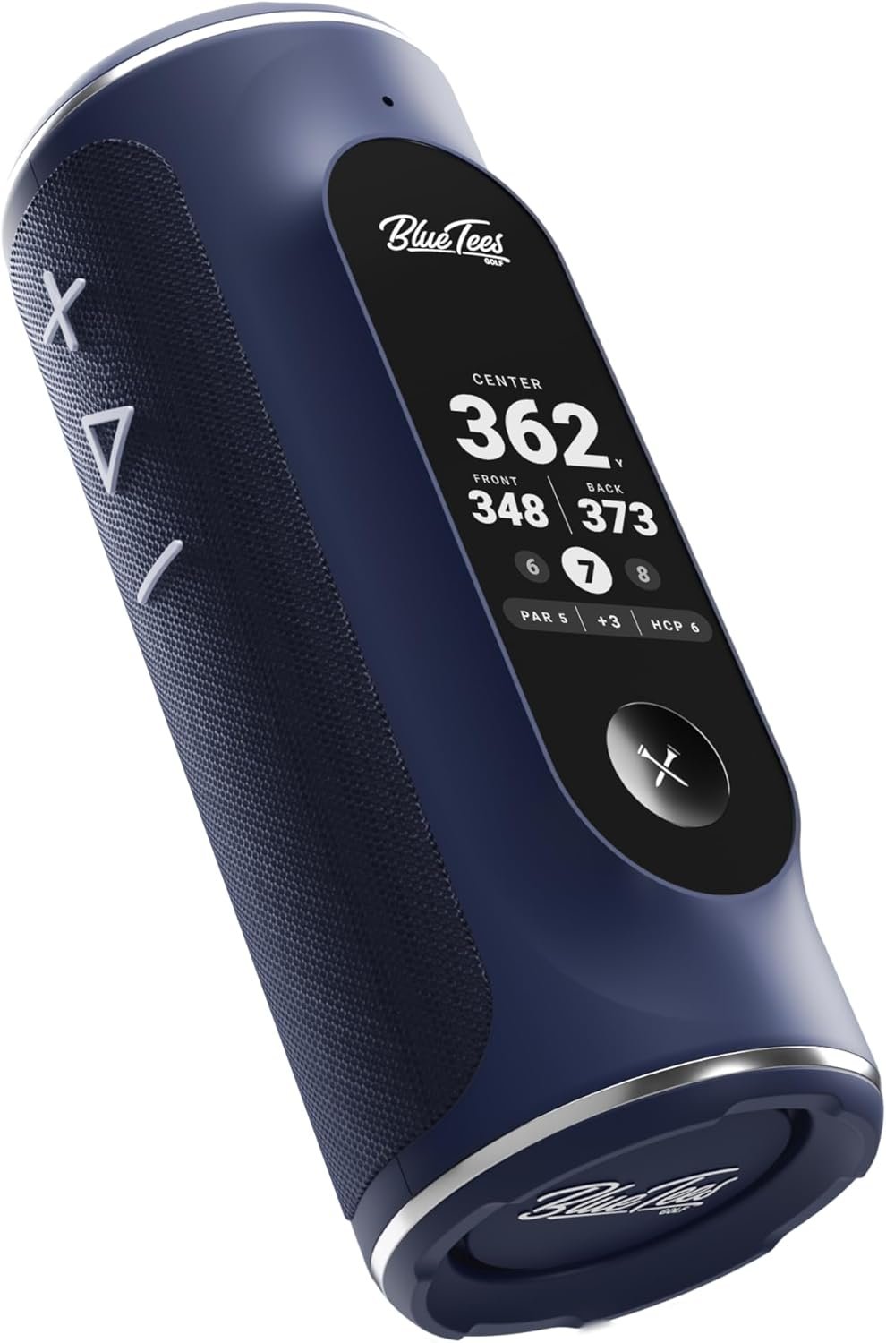 Blue Tees Golf Player+ GPS Speaker with Touch Screen Display, 10+ Hours Battery, 40,000+ Courses, Visual + Audible Distance, Hazard Distance - IPX7 Waterproof (Navy)