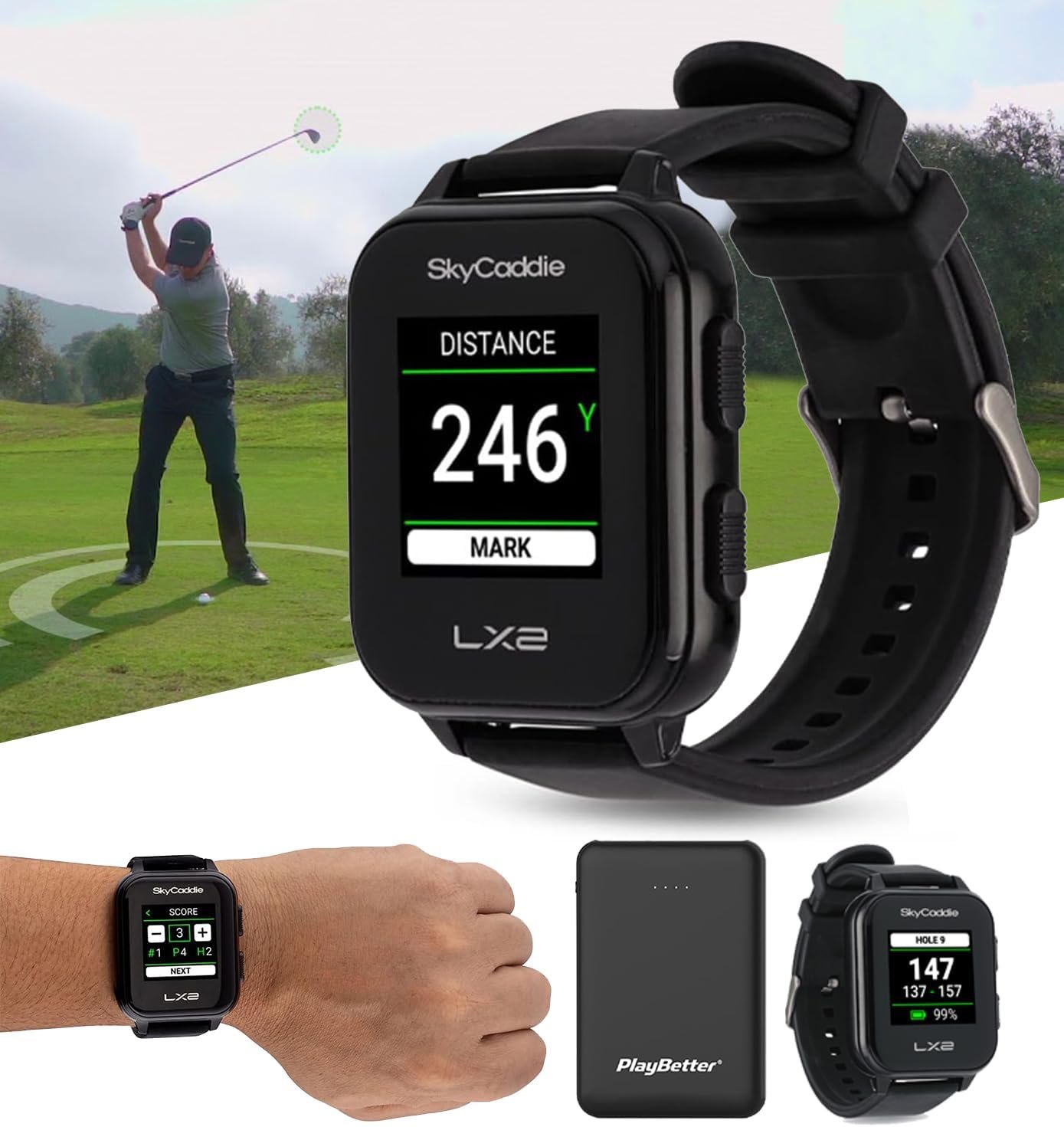 SkyCaddie LX2 Golf GPS Watch - Lightweight Simple Golf Yardage Rangefinder Touchscreen Watch w/ 35K Courses, Intelligent Automation, Scoring - Power Bundle with PlayBetter 5000mAh Portable Charger SkyCaddie LX2 Golf GPS Watch - Lightweight Simple Golf Yardage Rangefinder Touchscreen Watch w/ 35K Courses, Intelligent Automation, Scoring - Power Bundle with PlayBetter 5000mAh Portable Charger