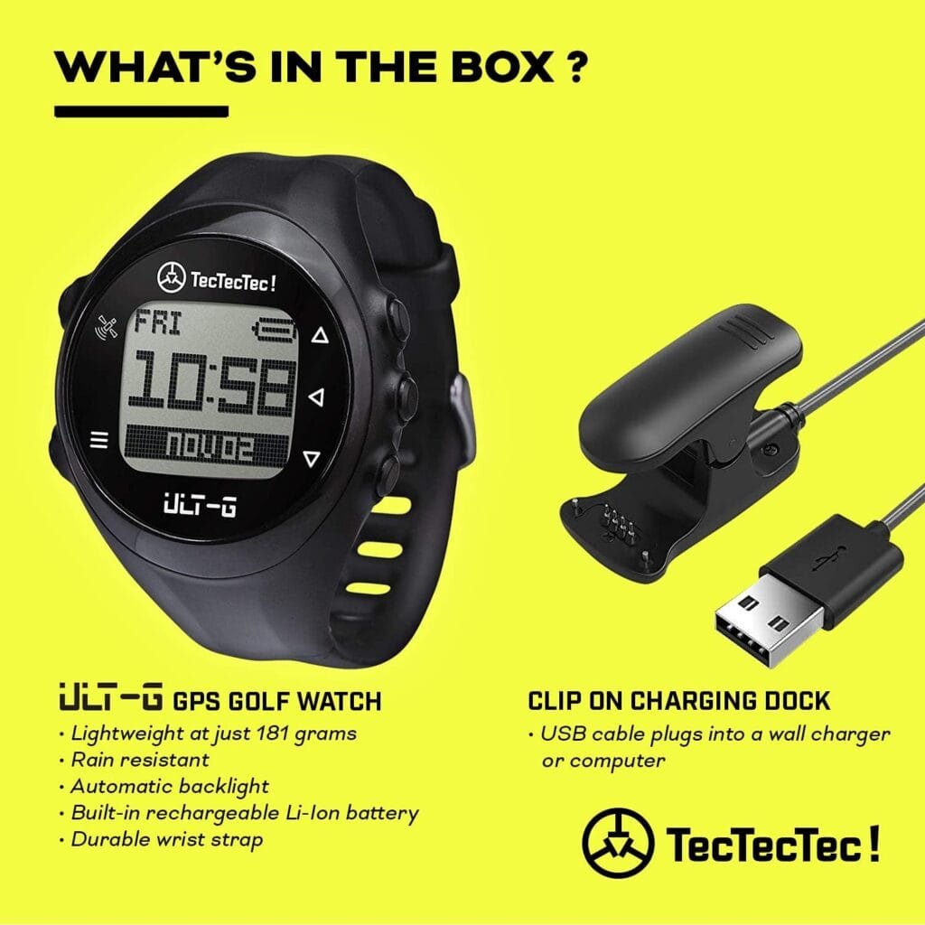 TecTecTec ULT-G Stylish, Lightweight and Multi-Functional Golf GPS Watch, Durable Wrist Band with LCD Display, Worldwide Preloaded Courses - Black TecTecTec ULT-G Stylish, Lightweight and Multi-Functional Golf GPS Watch, Durable Wrist Band with LCD Display, Worldwide Preloaded Courses - Black